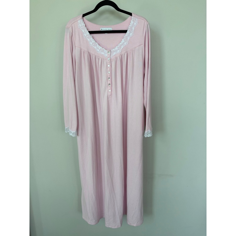 Eileen West Pink Lace Trim Long Sleeve Nightgown Knit Ballet Gown Large